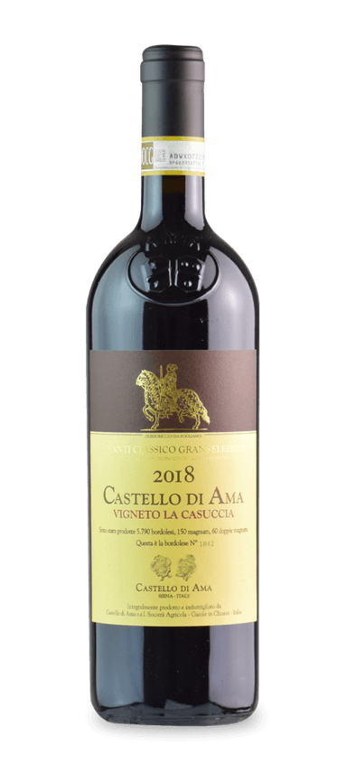 Everything about Castello di Ama Vigneto La Casuccia is methodical and precise. Starting in 1978, the estate cultivated select parcels for their extraordinary microclimates and soils. In 1985, it produced the first vintage of La Casuccia. It combined the three best parcels of sangiovese and merlot to create the finest wine possible. Today, Castello di Ama only releases La Casuccia if the harvest meets its rigorous standards.
 
For those about to try 2018 La Casuccia, seatbelts are recommended. The red blend delivers intensity upon impact. The expansive nose envelops the senses with ripe red fruits, violets, rose petals, baking spice, and crushed rocks, while polished tannins frame the creamy body. Soft curves lead into a tannic finish that hints at La Casuccia’s promising aging potential.
 
The Final Sip: Brace for impact. The 2018 La Casuccia represents Castello di Ama at its most explosive and intense.