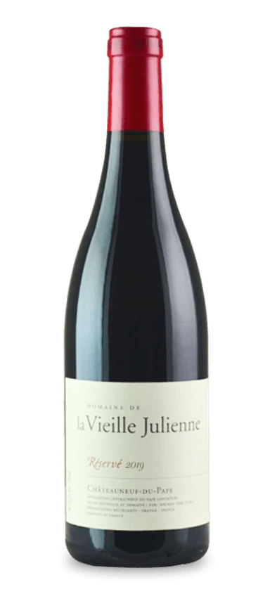 Domaine de la Vieille Julienne may not have the cachet of M. Chapoutier and or E. Guigal. And to that we say, pffffffttt. This sleepy estate has released 14 vintages of Réserve since 1994. Of those 14 wines, four have received perfect scores from Robert Parker’s Wine Advocate, including the 2019 vintage. Four more come dangerously close, notching either a 99 or 98-point rating. 
A blend of 90 grenache with trace amounts of syrah and cinsault, the 2019 Réserve is another magical addition to the Domaine de la Vieille Julienne portfolio. It features fruit harvested from 100-year-old grenache vines, giving the final product richness, balance, and an impeccable finish. Red and black fruits gush from the core with layers of earthiness, Asian five-spice, licorice, and lavender following in close pursuit. As wine critic Jeb Dunnuck put it, “It’s a sexier, more opulent wine than the Les Hauts-Lieux release yet has the same perfect tannins that are so rare to find in the vintage.”
The Final Sip: Anyone hoping to find the next great wine from the Rhône should make space for this critically acclaimed red wine.